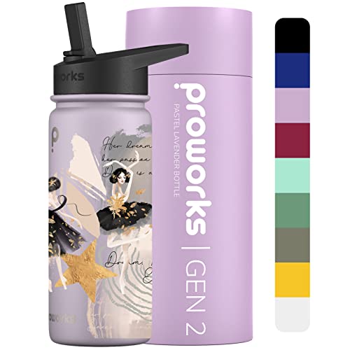 Proworks Gen 2 Botella Agua Acero Inoxidable con Pajita 1L Termica - 24 Horas de Frío 12 Horas de Calor Agua a Prueba de Fugas - El Trabajo Gimnasio Viajes - Lavanda Pastel - Bailarina De Ballet Cover