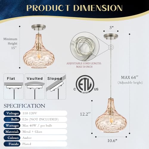 Image of 11 inch Amber Hammered Glass Pendant Light, Brushed Nickel, E26 | 11 inch amber hammered glass pendant light with brushed nickel finish, adjustable cord, E26 socket, ideal for kitchen islands