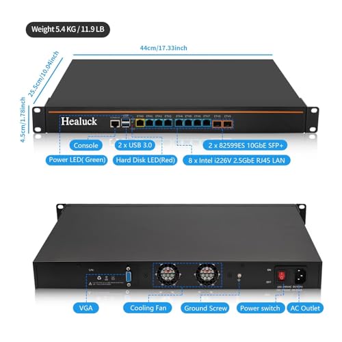 Image of 1U Firewall Appliance Mini PC, Core i5 4300M Z87, 2X 10GBe LAN, 8 x i226V 2.5GbE LAN, OPNsense, VPN, 19 Inch 1U Network Rackmount, VGA, Console, USB3.0, DDR3L 8G RAM 128G SSD