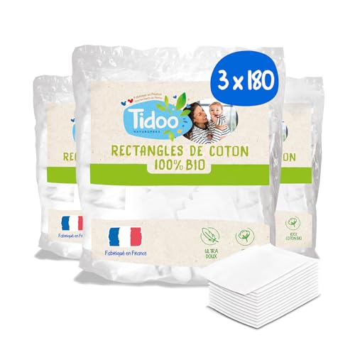 Tidoo - 540 Coton Pads Bébé 100% Bio - Ultra Doux pour Peaux Sensibles - Hypoallergéniques - Change & Toilette - Fabriqués en France