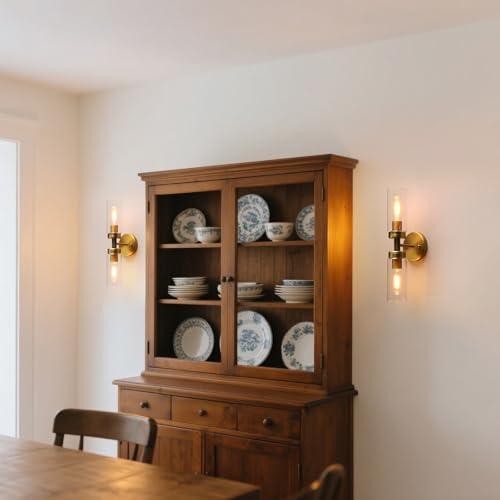 Image of Phansthy Rustic Industrial Wall Sconce Light with 3.14 inch /8cm Tubular Clear Glass Lampshade (2-Light Sconce Antique)
