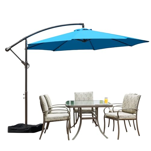 Aoodor Offset Patio Umbrella 10ft. Cantilever Hanging Market Umbrella with Base, Easy Tilt Adjustment and Polyester Shade for Lawn, Beach,Yard and Poolside - Blue