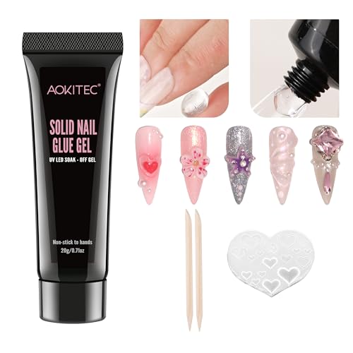 Aokitec Solid Nail Glue Gel - 20g Extra Strong for Press on Nails, 3D Nail Art With Silicone Mold, Non-sticky to Hands, UV Curing Needed