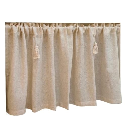 Cortinas de cocina de lino y algodón beige con borlas de escoba, cenefa corta para ventanas de sala de estar y dormitorio de granja, 200 x 70 cm (ancho x alto)