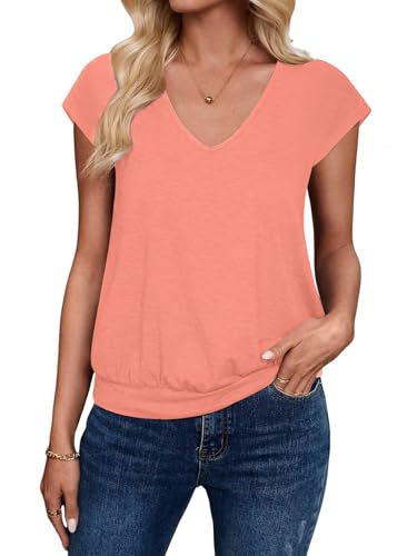 Sialois Cap Sleeve Tops for Women Casual Business Short Sleeve Tees Loose Fit Comfy Fashion Blouse Banded Bottom T Shirt V Neck Basic Tee Spring Summer Women Essentials Clothes Outfits,Pink Coral,M