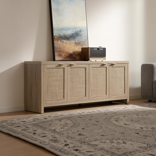 SICOTAS TV Stand for Living Room Boho Entertainment Center for Bedroom with 4 Rattan Cabinets Farmhouse Television Stands with Storage Large Media Console Table for TVs up to 45 50 55 60 65 Inch