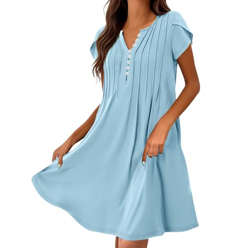 Vestido Casual de Verano para Mujer, Manga Corta, Corte en A, Estilo Bohemio, Ideal para la Playa, con caída fluida y Bolsillos, Color Azul Claro, Talla Extragrande.