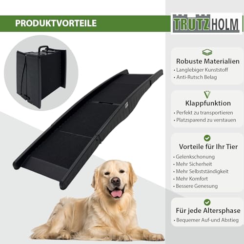 TRUTZHOLM Hunderampe klappbar 75 kg Tragkraft Anti-Rutsch Lauffläche Einstiegshilfe für Kofferraum Hundeautorampe Kofferraumrampe platzsparend leicht stabil schwarz (DREIFACH)