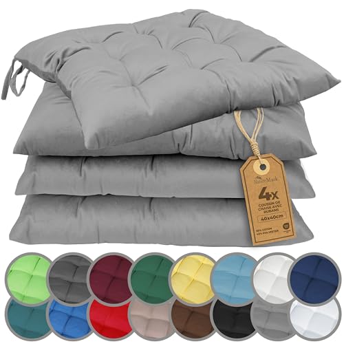 NatureMark Lot de 4 Galettes de Chaises avec Rubans 40x40 cm – Coussin de Chaise Épais pour Intérieur & Jardin – Couleur Gris argenté