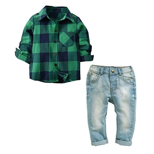 DERCLIVE Pojkar rutig skjorta och långa byxor byxor kläder set barn rutig långärmad skjorta denim kostym, Blå grön, 5-6 År