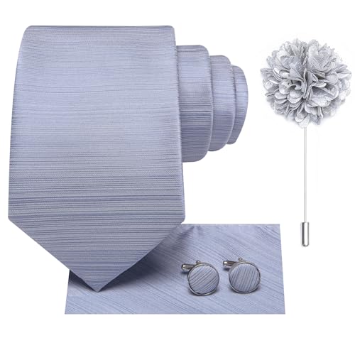 Image of Hi-Tie Men Silk Ties Set with Flower Lapel Pin Necktie Pocket Square Cufflinks for Tuxedo Wedding Business