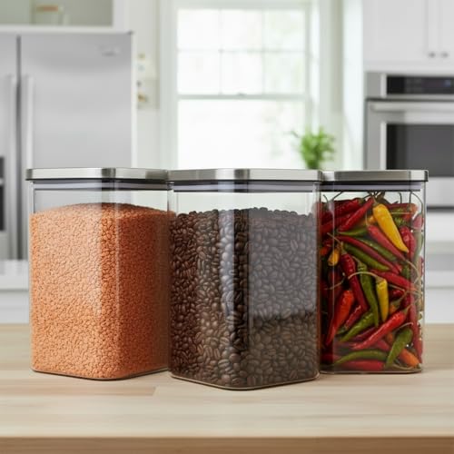Image of ginoya brothers Airtight Borosilicate Glass Square Jar With Wooden Or Steel Lid Multi-Size, Container for Spices, Coffee, Grains, Snacks & Kitchen Organization (4, STEEL LID, 1250 ML)