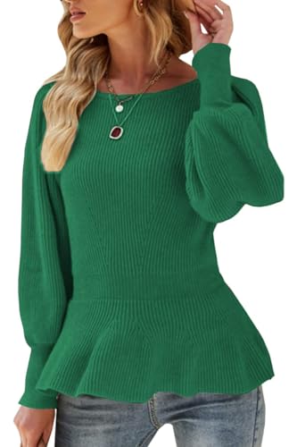 Image of Womens Fall Puff Sleeve Peplum Casual Slim Fit Knit Pullover Sweater Jumper Tops