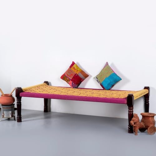Image of Solid Sheesham Wood Charpai Khat | Handcrafted Daybed Khatiya Charpai with Cotton Rope | Traditional Khat Bed Wooden Diwan Cot for Living Room | 6X3 Feet | Yellow and Pink
