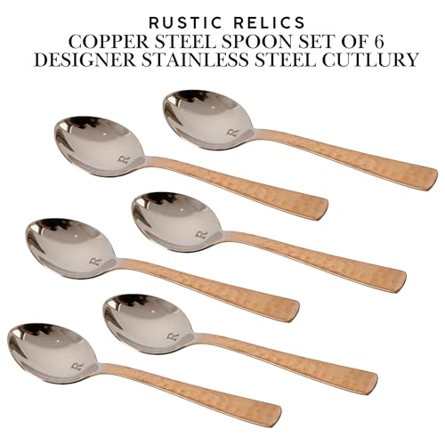 Image of Copper Eating Spoon Stainless Steel Set - Pack of 6 | Metal Kitchen Dining and Cutlery | Steel and Copper Metalic Finish | A Touch of Elegance to Your Dining and Serving Eating