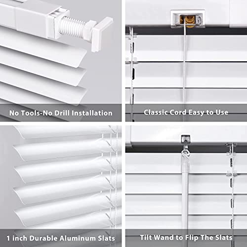 Lazblinds No Tools-No Drill 1" Aluminum Horizontal Mini Blinds Shades For Window Size 21'' W X 64'' H, Light Filtering Inside Installation, White #TOP1