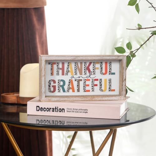 Image of Embossed Thankful and Grateful Sign, Thanksgiving Decorations for Table Cubicle Desk Mantel Fireplace, Vintage Thanksgiving Home Decor Leopard Print Wooden Sign