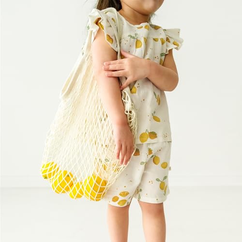 Image of MakeMake Organics GOTS Certified Organic Cotton Baby Kids Toddler Girl Top and Short Outfit Set - Citron, 3-4 Years