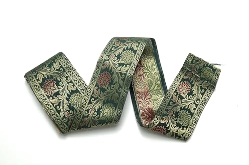 Image of Brocade Ethnic Work 9 Meter Laces and Borders Material for Dresses, Sarees, Lehenga, Suits, Blouses, Dupatta, chunri and Crafts (Dark Green)