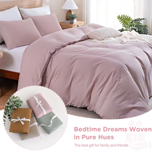 Image of TOCOMOA Muslin Duvet Cover 100% Cotton Like Linen Texture Breathable Soft Comfy 3-Piece Pink Comforter Cover Bedding Set (King 104 inchx90 inch, Comforter Not Included)