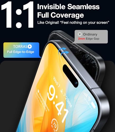 TORRAS [Full Screen Tempered Glass for iPhone 15 Pro Screen Protector 8FT Military Shatterproof, 9H Anti-Scratch, No Bubbles No Dust, Longest Durable Screen Protector for iPhone 15 Pro Glass 2 Pack