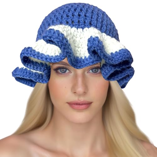 Image of Women Crochet Bucket Hat Cute Winter Ruffled Brim Floppy Cap Handmade Knit Cloche Hats