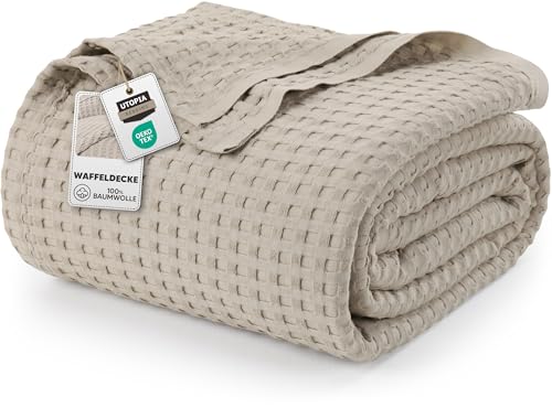 Utopia Bedding 100% Baumwolle Waffeldecke Kuschedecke 300 GSM (Khaki - 228 x 182 cm) weiche leichte, atmungsaktive tagesdecke, Sofa & Couch überwurf...
