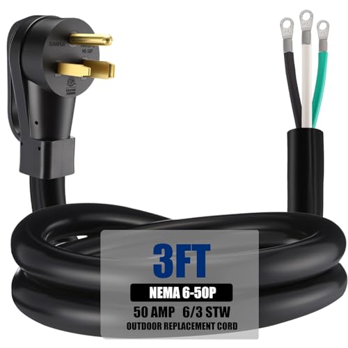 Kanayu 3 FT 6 AWG 3 Prong Replacement Power Cord Compatible with NEMA 6-50P 50 Amp 250V Welder Extension Cable with Open End for Welder Dryer Garage Heater Generator, ETL Listed