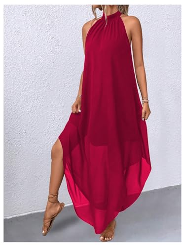 Image of Verdusa Women's Wedding Guest Dress Halter Flowy Chiffon Long Dresses | Cocktail Dress, Asymmetrical Dress for Women, Sleeveless, Prom Dress, Cruise Outfits, Boho