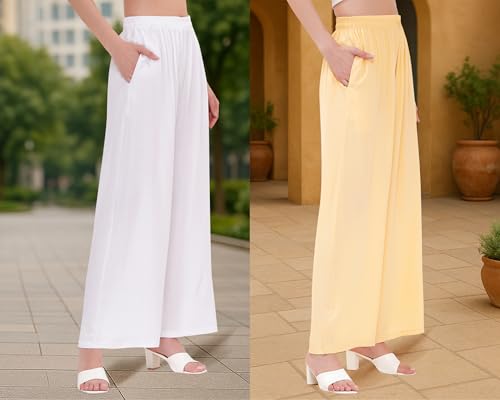 Image of Buy That Trendz Palazzo Pants for Women Cotton Rayon Elasticated Regular Fit Flared Wide Leg M to 6XL Pack of 2