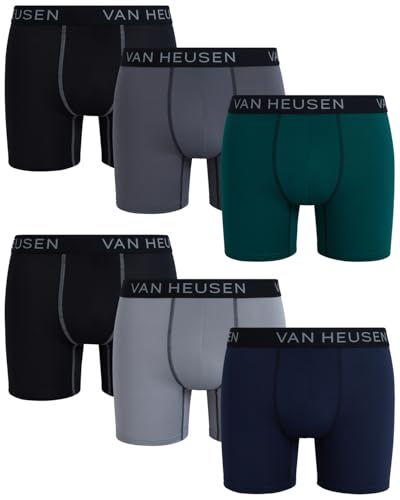Van Heusen Men's Boxer Briefs - 6 Pack Sport Soft Performance Moisture Wicking Boxers - Breathable Underwear for Men (S-XL), Size Large, Black/Medium Grey/Green/Black/Dark Grey/Light Grey