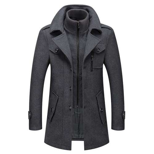 SaiDeng Abrigo largo de lana para hombre – Abrigo de invierno con solapa, cálido abrigo de mezcla de cachemira, abrigo para negocios y ocio, elegante chaqueta de entretiempo/pavo real, gris, L