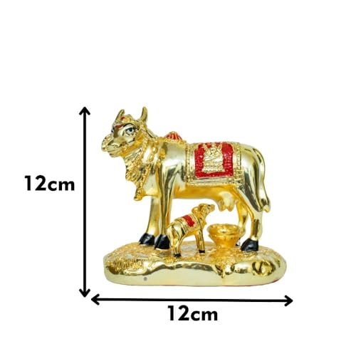 Image of Gold Plated Kamadhenu Cow with Calf Idol | Big Size Sacred Zebu Figurine for Home Temple & Vastu | Golden Gau MATA Showpiece for Pooja & Decor | 8.5 x 7 x 5.5 cm