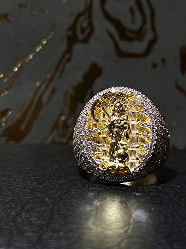 SANTA MUERTE Iced Death Reaper Pinky 14k Gold Finish CZ Iced Out Ring for Men Hip Hop - MEN'S CZ RING, PERFECT RING, WEDDING RINGS, PROMISE RING, CZ ENGAGEMENT RING, WEDDING BANDS Size 6-104