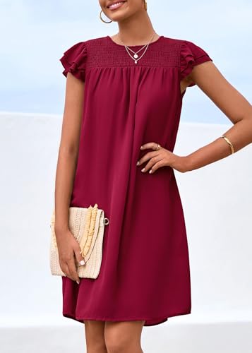 Image of KIRUNDO Wedding Guest Shift Dresses for Women Short Spring Summer Ruffle Cap Sleeve Chiffon Babydoll Flowy Mini Sundress