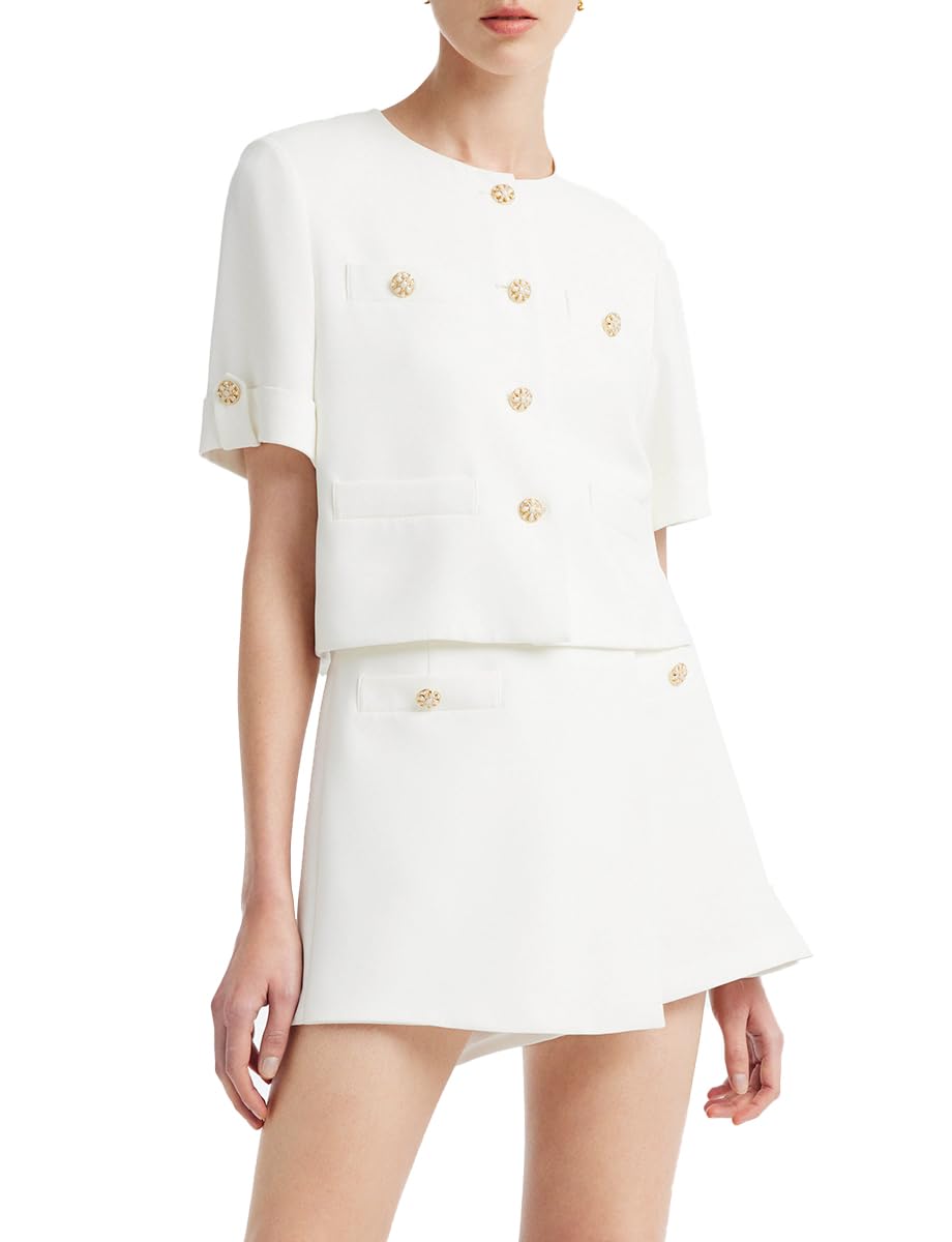 GOELIA Womens 2 Piece Suit Sets White Acetate Short Sleeve Blazer Jacket and Skirt Shorts Business Casual Outfits