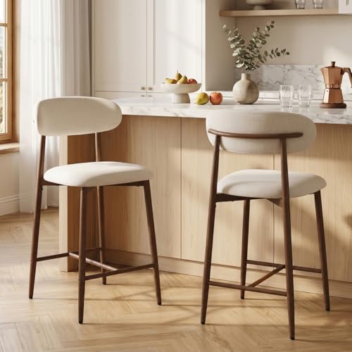 Butacos de altura para mostrador UVV, juego de 2 unidades, butacos tapizados modernos con patas de metal para isla de cocina y comedor (asiento beige / patas de metal con grano de nogal) miniatura 1