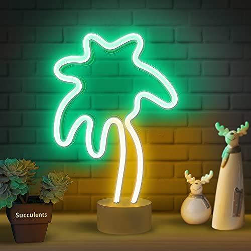Lumoonosity Palm Tree Lights Neon Signs - Coconut Tree Neon Light for Bedroom, Desktop, Tabletop Decor - Battery/USB Powered Led Palm Tree Light - Palm Tree Lamp with Stand- Green&Yellow Led Sign