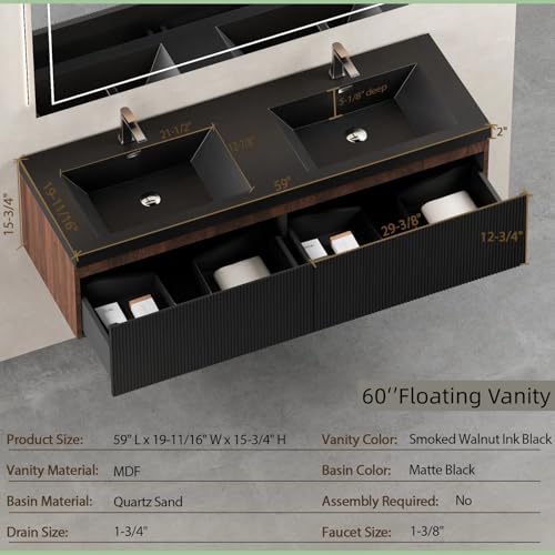 Image of Wall Mounted Bathroom Sink Vanity, Modern 60 inch Floating Vanity with 2 Resin Top Basins and 2 U-Shaped Soft-Close Storage Drawers, Striped Bathroom Storage Cabinet with Invisible Handle, Black