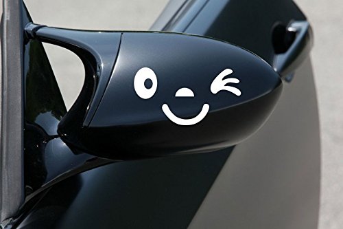 JS Artworks Side View Mirror Winking Smile face Vinyl Decal Sticker (White)