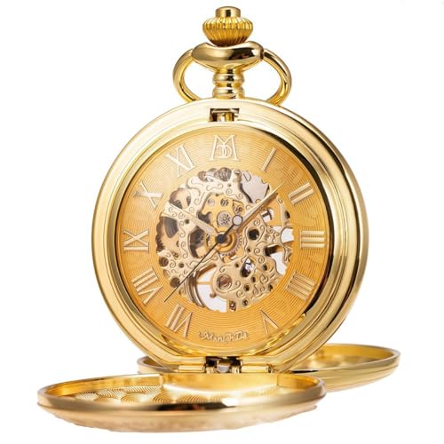 Image of ManChDa Mechanical Roman Numerals Dial Skeleton Pocket Watches with Box and Chains for Mens Women