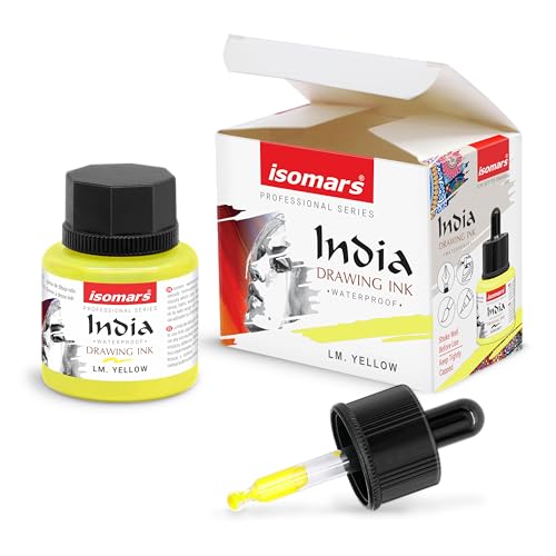 Image of Isomars Waterproof Drawing Ink with Dropper - 35ml | India Ink for Calligraphy, Art, Technical Drawing | Fade-Resistant & Quick-Drying (Lemon Yellow)