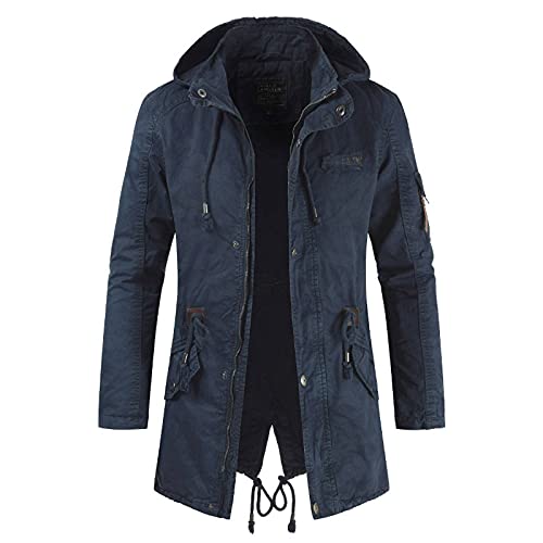 Men's Spring Military Full-Zip Removable Hooded Cotton Mid-Long Parka Jacket Coat Lightweight Cargo Outerwear