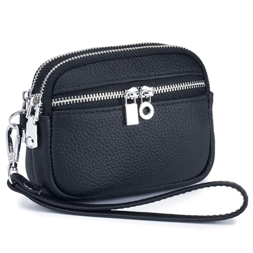 Genuine Leather Womens Coin Purse with Removable Wrist Strap, 3 Compartments Wallet, Stylish Cowhide Wristlet Clutch