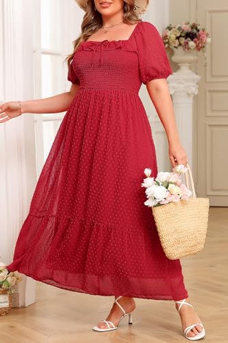 Image of Plus Size Summer Dresses - Swiss Dot Smocked Square Neck Puff Sleeve Boho Maternity Maxi Dress for Baby Shower Wedding Guest