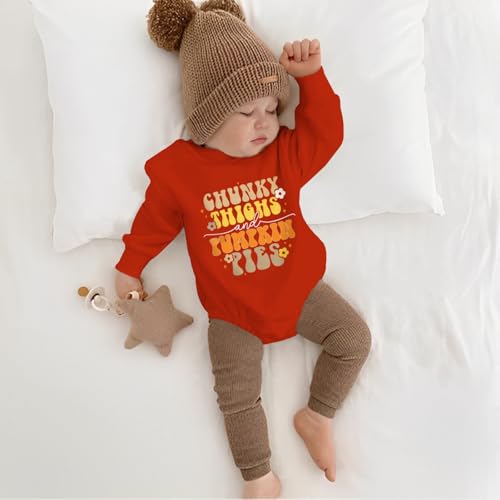 SOFEON Infant Baby Girls Thanksgiving Romper Chunky Thighs And Pumpkin Pies Outfits Bubble Sweatshirt Onesie Fall Clothes2