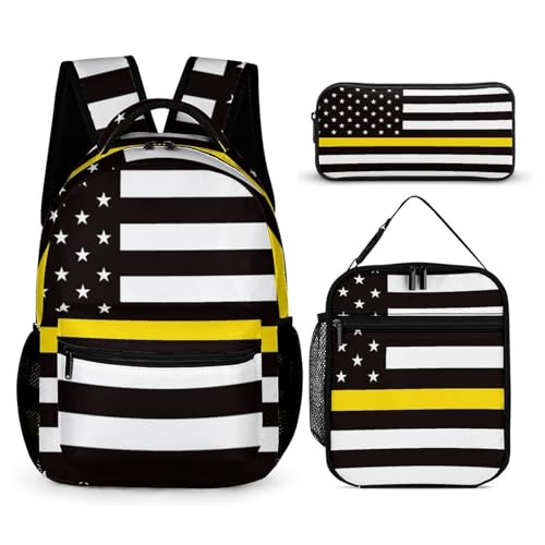 Thin Yellow Gold Line U.S.A Flag 3 PCS Backpack Set Casual Daypack with Insulated Lunch Bag & Pencil Case