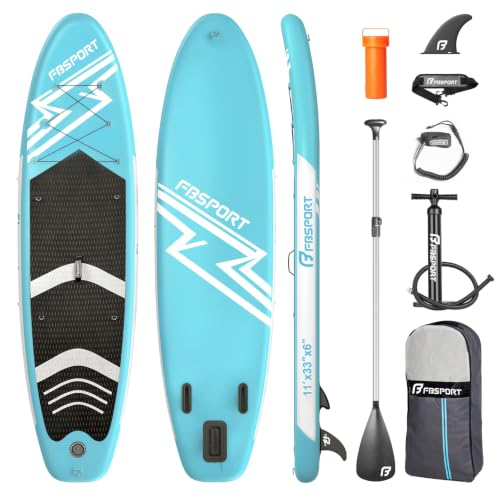 FBSPORT 11' Premium Stand Up Paddle Board, Yoga Board with SUP Accessories & Carry Bag | Wide Stance, Surf Control, Non-Slip Deck, Leash, Paddle and Pump for Youth & Adult (Ice Blue)