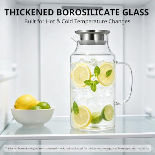 Image of Bivvclaz Short 67.6 oz Glass Pitcher with Lid and Handle, Glass Carafe for Hot /Cold Water, Iced Tea Pitcher for Coffee, Juice and Homemade Beverage