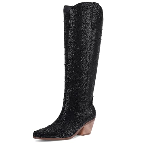 Image of Cowgirl Ankle Boots Cowboy Boots for Women Western Booties Rhinestone Chunky Heel Fashion Comfortable Side Zipper